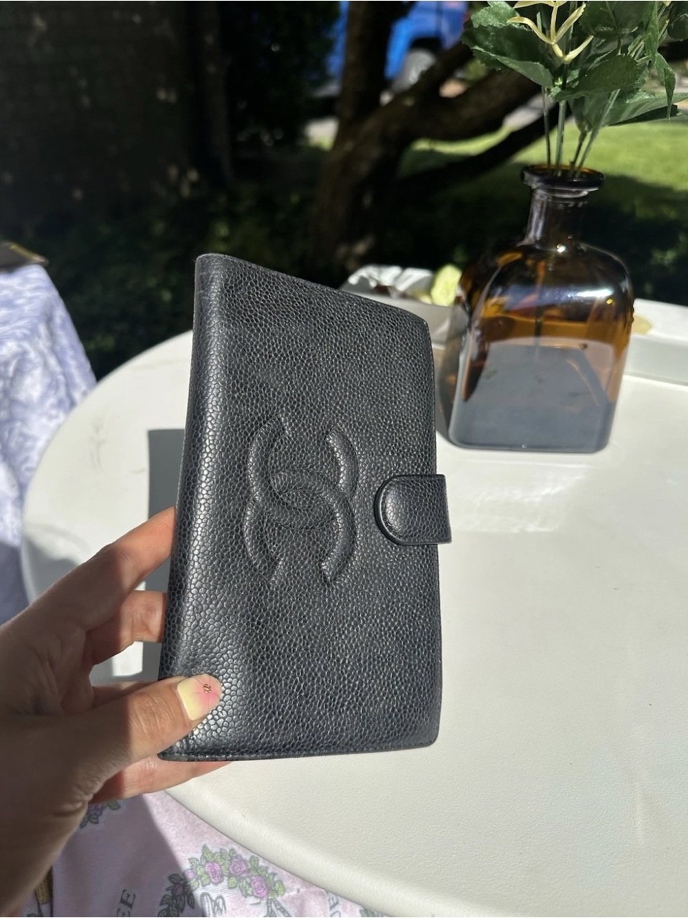 CHANEL Black Caviar Leather Phone Wallet Case with CC Logo Tri Fold Vintage